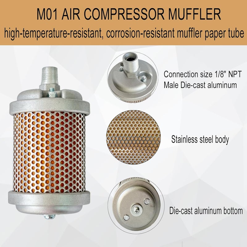 Bounetim M01 Air Compressor Muffler 1/8" NPT Male, Air Exhaust Silencer for Compressor Dryer Compressed Air Equipment and Systems, Single Chamber 145 PSI - Image 2